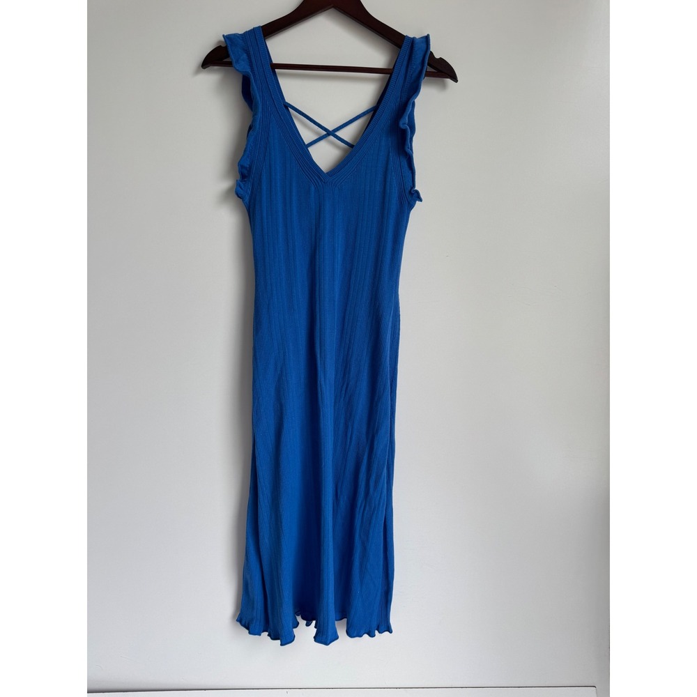 Daily‎ Practice Anthropologie Blue Ribbed Ruffle Strappy Back Midi Dress Medium